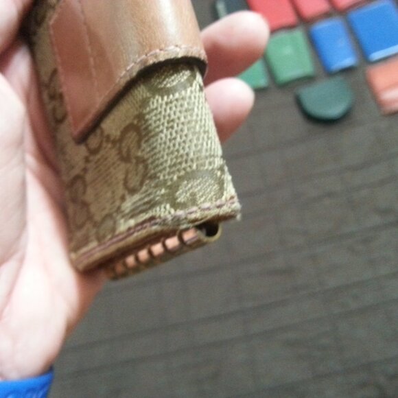 Vintage Gucci Key Holder Gold Heart Monogram Canvas Denim Tan Pink Snap - Picture 10 of 15